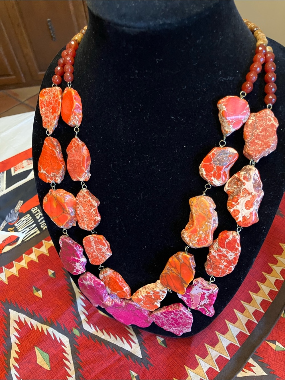 RED/ORANGE AND PINK SEA SEDIMENT  JASPER STATEMENT NECKLACE - Picture 12 of 12